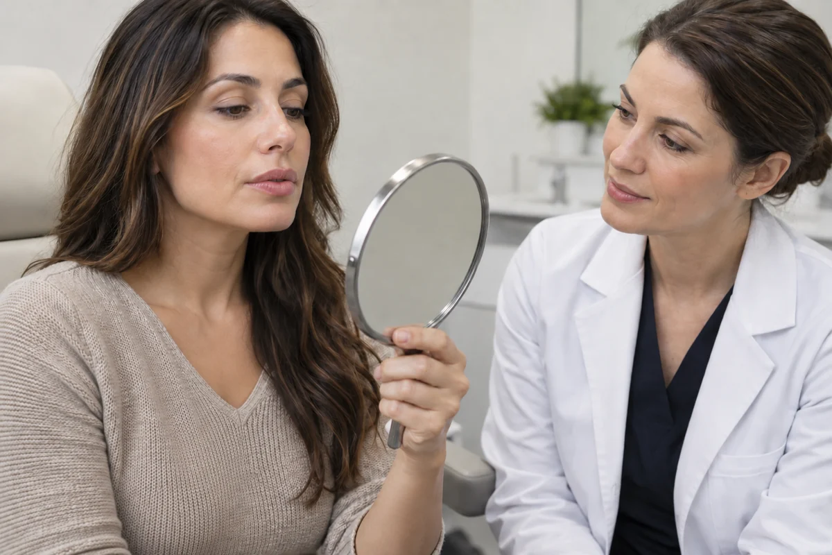 Klinik takip görüşmesinde dudak bölgesini aynayla gözlemleme; yapay zekâ ile hazırlanmış temsili sahne